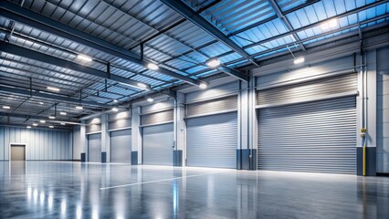 modern industrial factory interior with a large roller door and concrete floor illuminated by bright lights at night, empty space in the background. 
