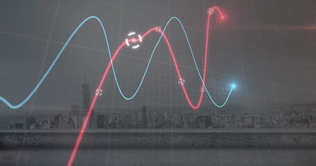 Image of statistical data processing against aerial view of cityscape