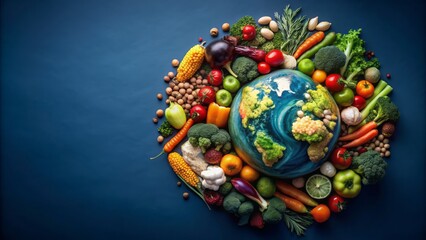 Vibrant globe surrounded by fresh vegetables, fruits, and grains, symbolizing global health, nutrition, and sustainable agriculture, set against a clean, minimalist, dark blue background.