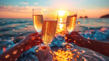 Cheers glasses of champagne together between friends on summer holiday party.