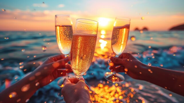 Cheers glasses of champagne together between friends on summer holiday party. - Powered by Adobe