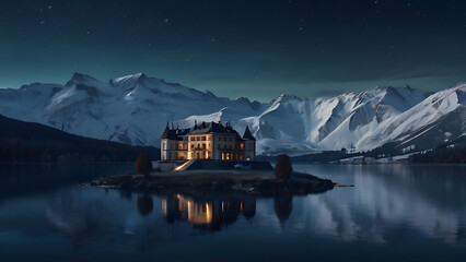 Fototapeta premium Wooden house on the side of beautiful lake and rocky mountain range.