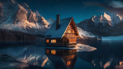 Wooden house on the side of beautiful lake and rocky mountain range.