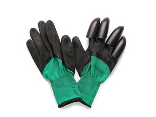 Gloves on white background. Gardening tools. Top view
