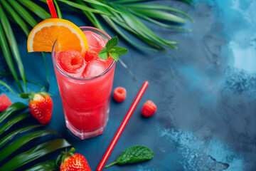 Refreshing Fruit Juice Drink displayed in a cup with a mix of fresh fruit juices like orange and strawberry, featuring copy space to accentuate its effectiveness