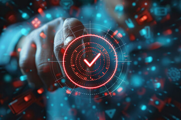 A close-up image of a hand holding a futuristic digital clock or timer interface, with glowing red and blue digital elements against a blurred background of abstract shapes and lights, conveying a sen