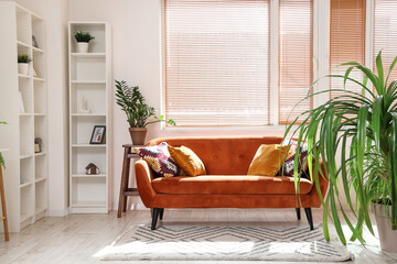 Cozy sofa with cushions and houseplants in living room