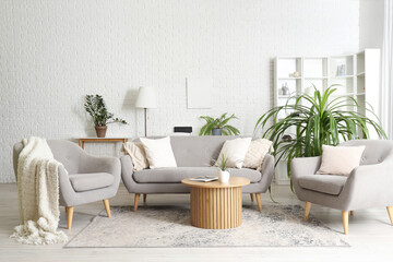 Interior of living room with sofa, armchairs and houseplants