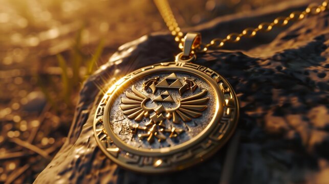 Golden triforce pendant with wings for video game fans and fantasy lovers
