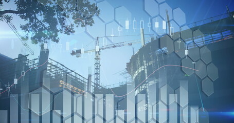 Image of financial data processing over cityscape