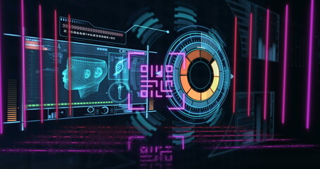 Image of qr code over digital interface, copy space