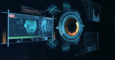 Image of qr code over digital interface, copy space