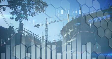 Image of financial data processing over cityscape