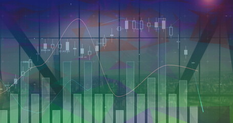 Image of financial data processing over cityscape