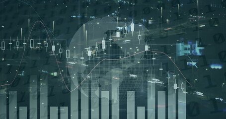 Image of financial data processing over cityscape