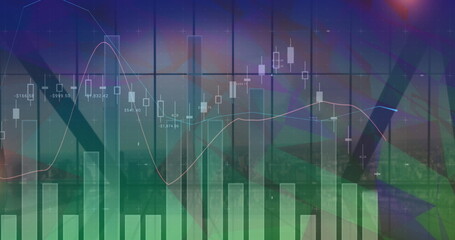 Image of financial data processing over cityscape