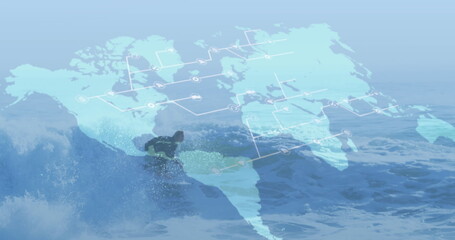 Image of world map and connections over caucasian male surfer surfing on waves