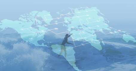 Image of world map and connections over caucasian male surfer surfing on waves