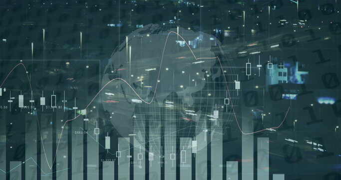 Image of financial data processing over cityscape - Powered by Adobe