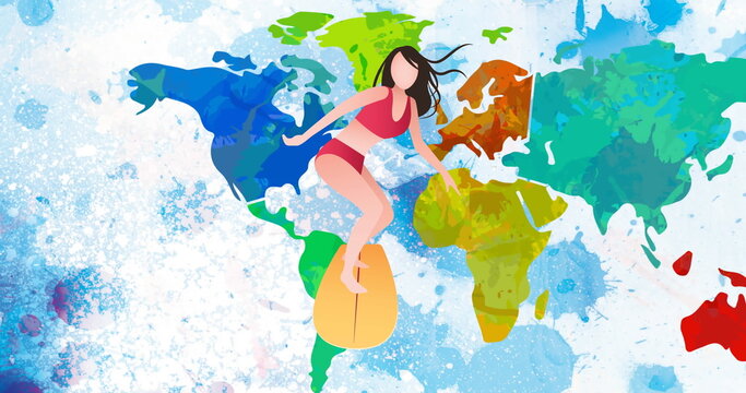 Image of cartoon woman surfboarding over world map on white background with blue stains - Powered by Adobe