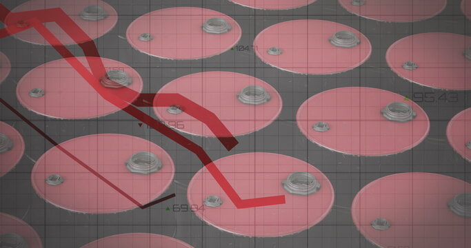 Image of financial data processing with red lines over red barrels of petrol on black background