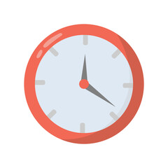 Red clock icon in flat design style, red analogue wall clock vector illustration, simple clock clip art image