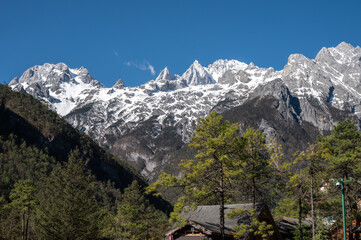 Beautiful view of Jade Dragon Snow Mountain (or MtYulong) in Yulong Naxi Autonomous County, Lijiang, in Yunnan province, China.