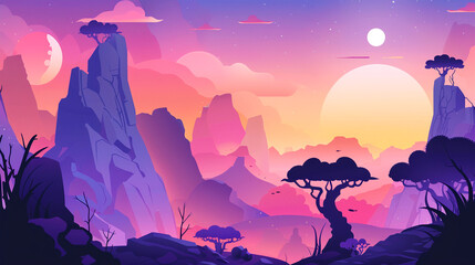 A beautiful landscape with a purple sky and mountains in the background