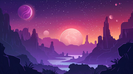 Naklejka premium A purple and pink sky with a river and two planets in the background