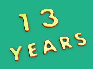 Volumetric thirteen of years on a single-color background. Birthday or significant date. To create a greeting card or other. Rendering illustration.