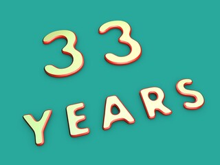 Volumetric thirty-three of years on a single-color background. Birthday or significant date. To create a greeting card or other. Rendering illustration.