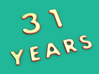 Volumetric thirty-one of years on a single-color background. Birthday or significant date. To create a greeting card or other. Rendering illustration.