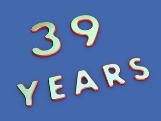 Volumetric thirty-nine of years on a single-color background. Birthday or significant date. To create a greeting card or other. Rendering illustration.