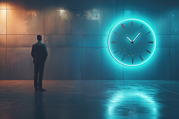 Fototapeta premium Businessman Walking Towards a Large Digital Clock on a Dark Street