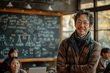 Smiling male teacher in a cozy classroom with a blackboard filled with mathematical equations, standing confidently with arms crossed, while students engage in the background.