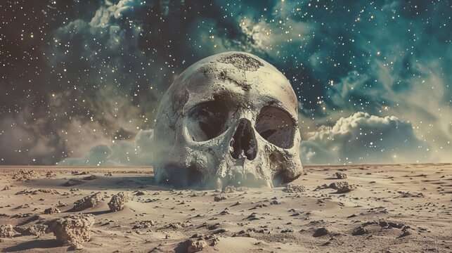 Lonely skull under a starry sky in a desert landscape