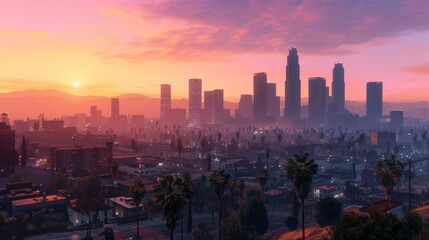 Los Angeles cityscape with sunset for real estate or travel designs
