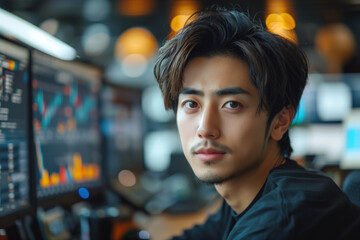 Focused young man with a slight beard, wearing a black shirt, working at a computer with multiple monitors displaying data and charts, in a modern office environment.