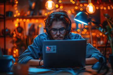 Obraz premium Focused young man with glasses and headphones working on a laptop in a cozy, dimly lit room with string lights, creating an intimate and studious atmosphere.