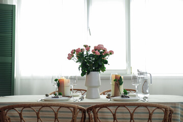 Beautiful table setting for wedding celebration in restaurant
