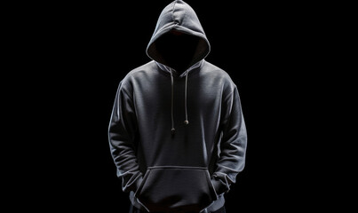 Hacker wearing a grey hoodie standing in the dark hiding his face