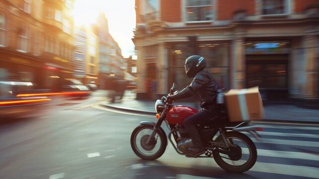 Delivery man riding motorcycle on a london street at sunset