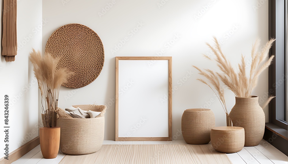 Wall mural mockup frame in nomadic boho interior background with rustic decor, 3d render