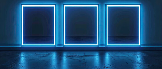 Three empty blue neon frames glowing on a wall in a dark empty room