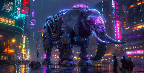 Fototapeta premium Trumpeting robotic elephant, neon-lit city, electric blue purple green hues, futuristic urban setting, sleek and metallic, cyber beauty