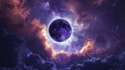 Obraz premium Surreal astronomical scene with an eclipse casting a soft glow through cloud-like nebulae, stars twinkling in the vast expanse