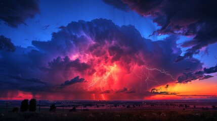 Fototapeta premium Stormy night with intense lightning bolts streaking across a vibrant blue-red sky, capturing the raw power and beauty of nature