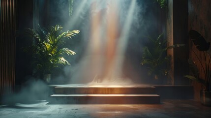 Minimalistic Concrete Platform with Tropical Plants and Light Beams for Product Display