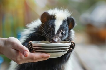 Naklejka premium Skunk being fed from bowl, showing its unusual role as pet.