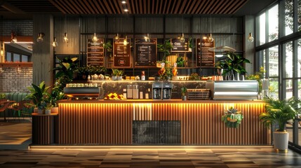 Modern cafe interior with wooden counter and industrial design